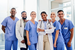 Diverse team of healthcare professionals in a hospital setting